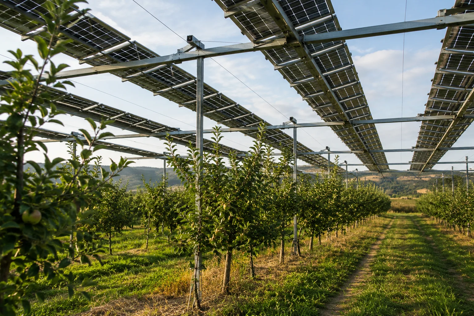 Structure agrivoltaïque protégeant une culture face aux aléas climatiques